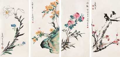 王雪涛（款） 花卉 四屏